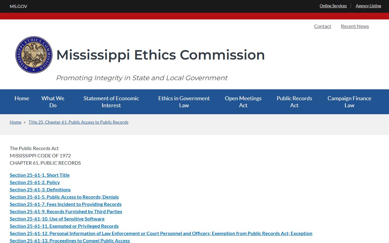 Mississippi Public Records Act page guiding Jasper County court records requests