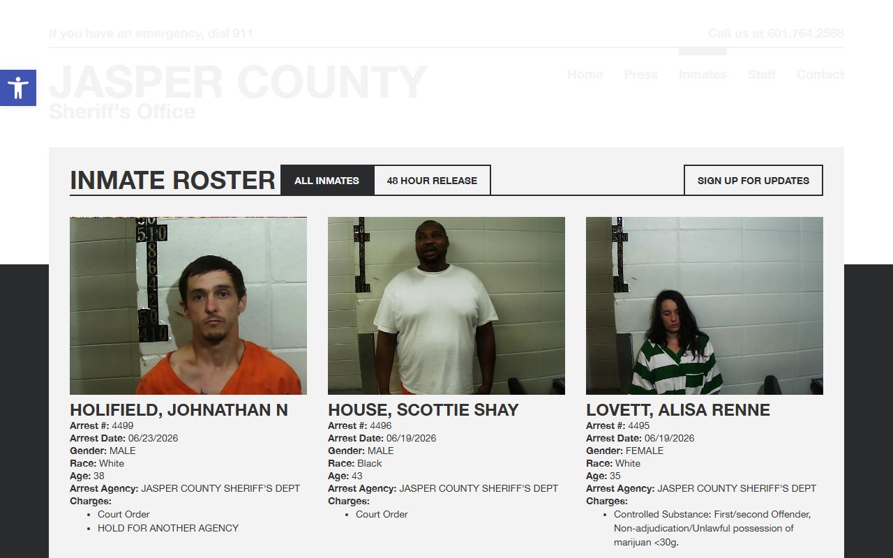 Jasper County arrest charge records on the Sheriff's inmate roster