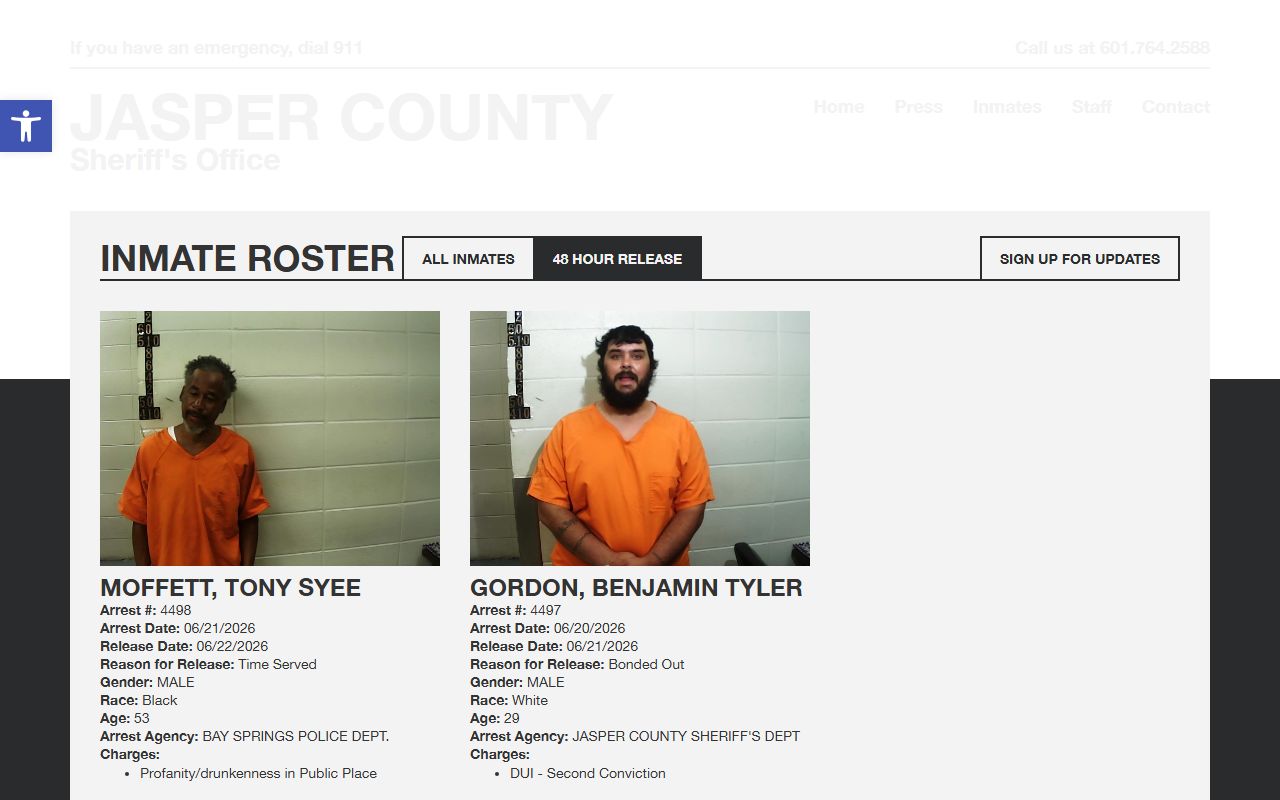 Jasper County arrest and release records on the 48-hour release roster