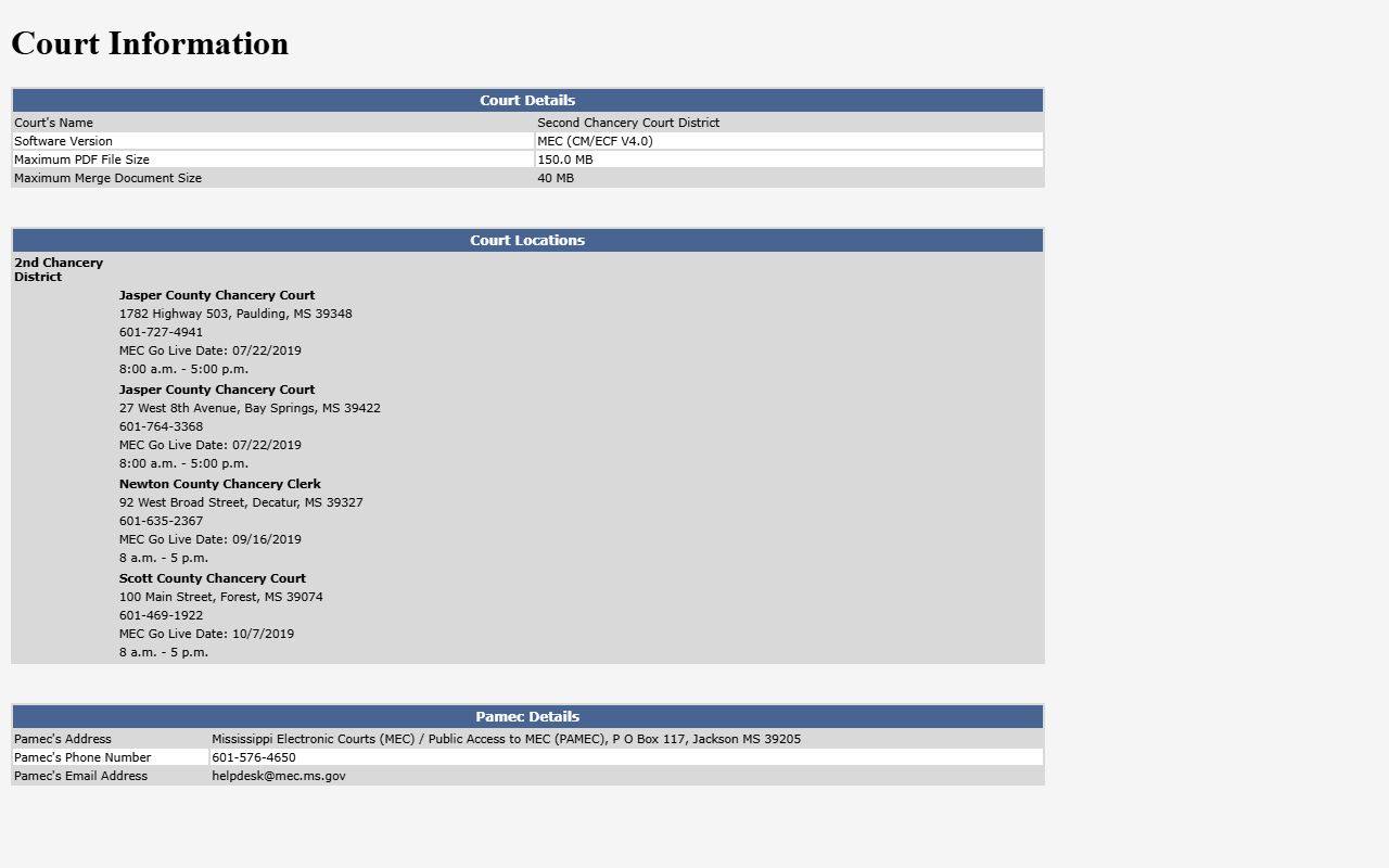 Jasper County Chancery Court docket information on the Second Chancery MEC page