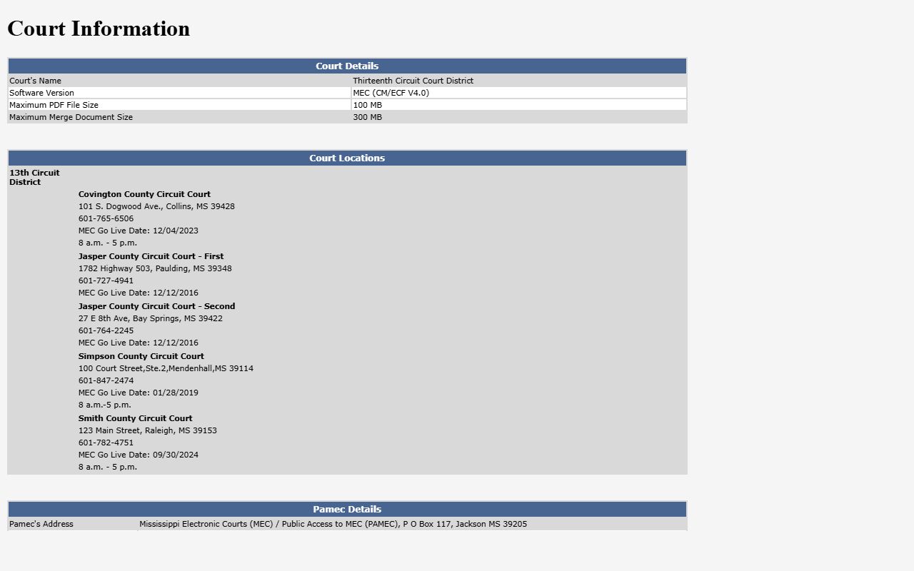Jasper County Circuit Court docket flags on the Thirteenth Circuit MEC page