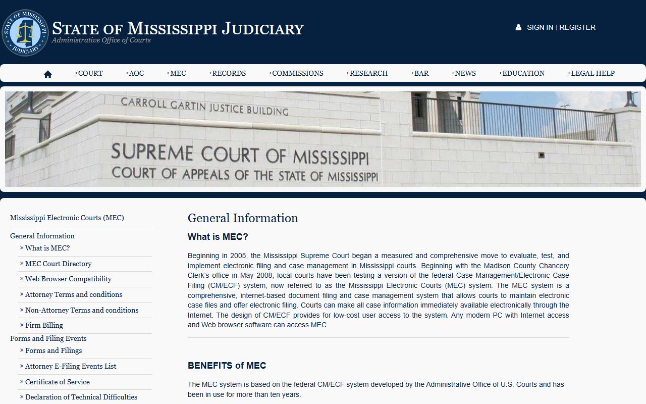 MEC general information page explaining Jasper County court records access