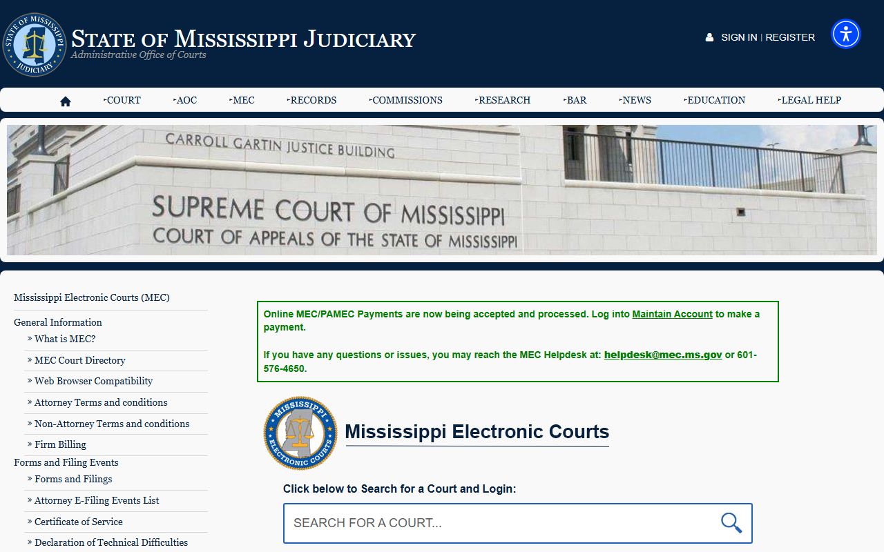 Jasper County court records access through the Mississippi Electronic Courts portal