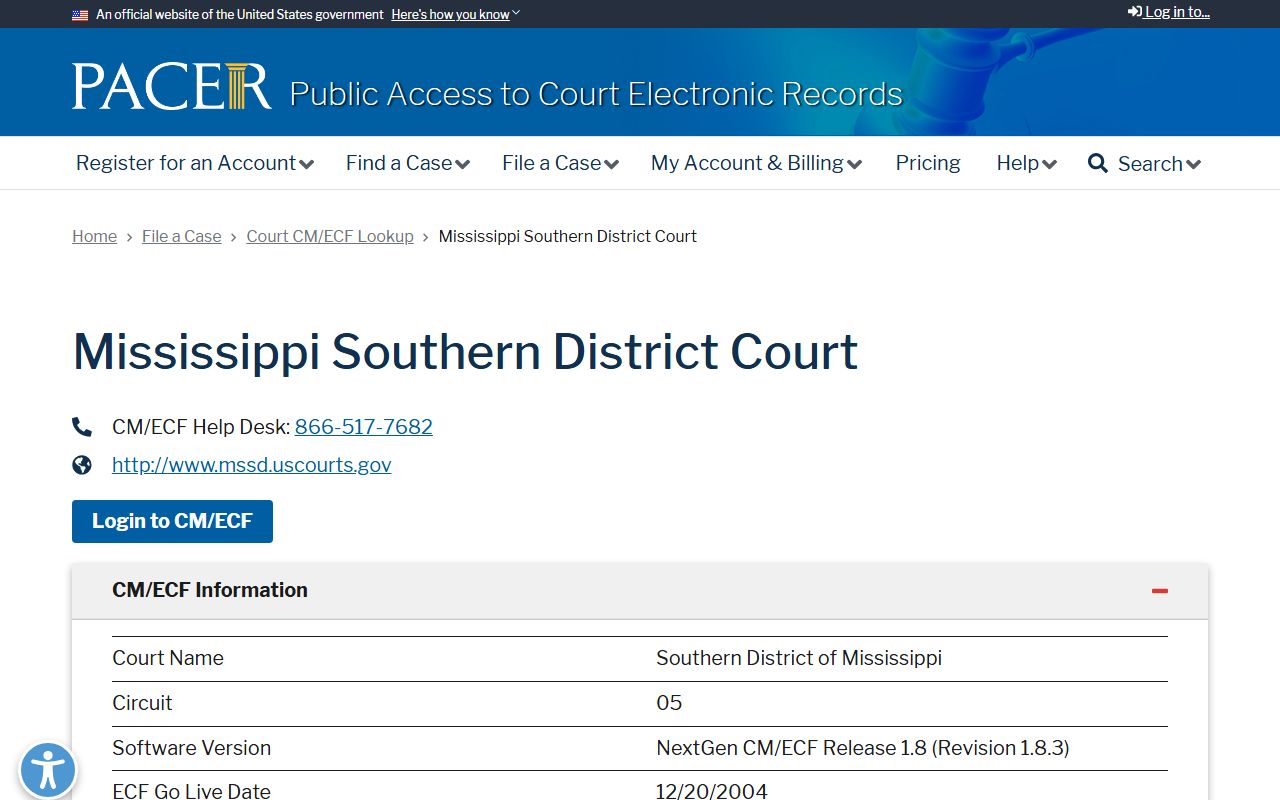PACER lookup for federal Jasper County criminal court records in the Southern District of Mississippi