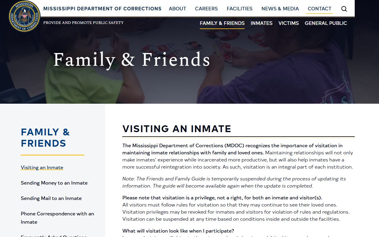 Jasper County inmate family guidance compared with the MDOC family and friends page