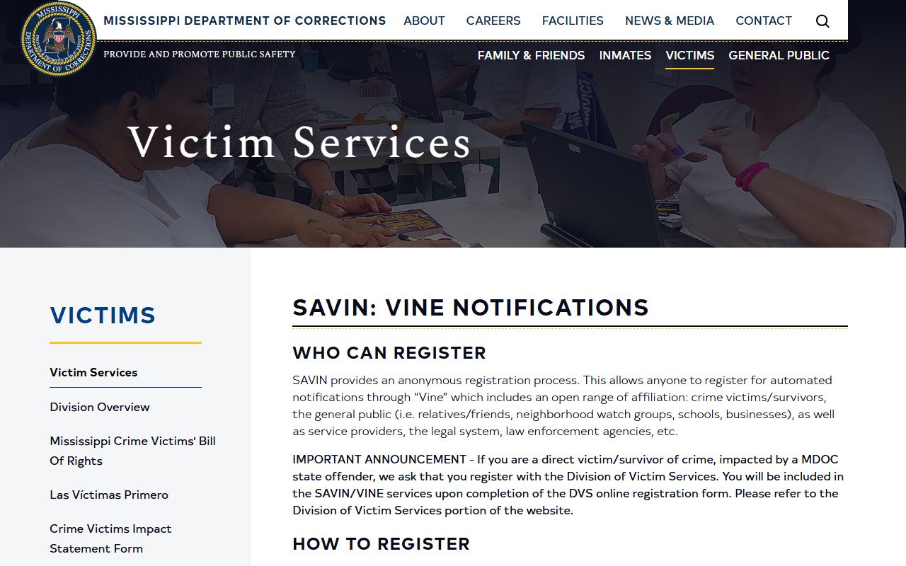 Jasper County inmate notification setup on the MDOC SAVIN and VINE page