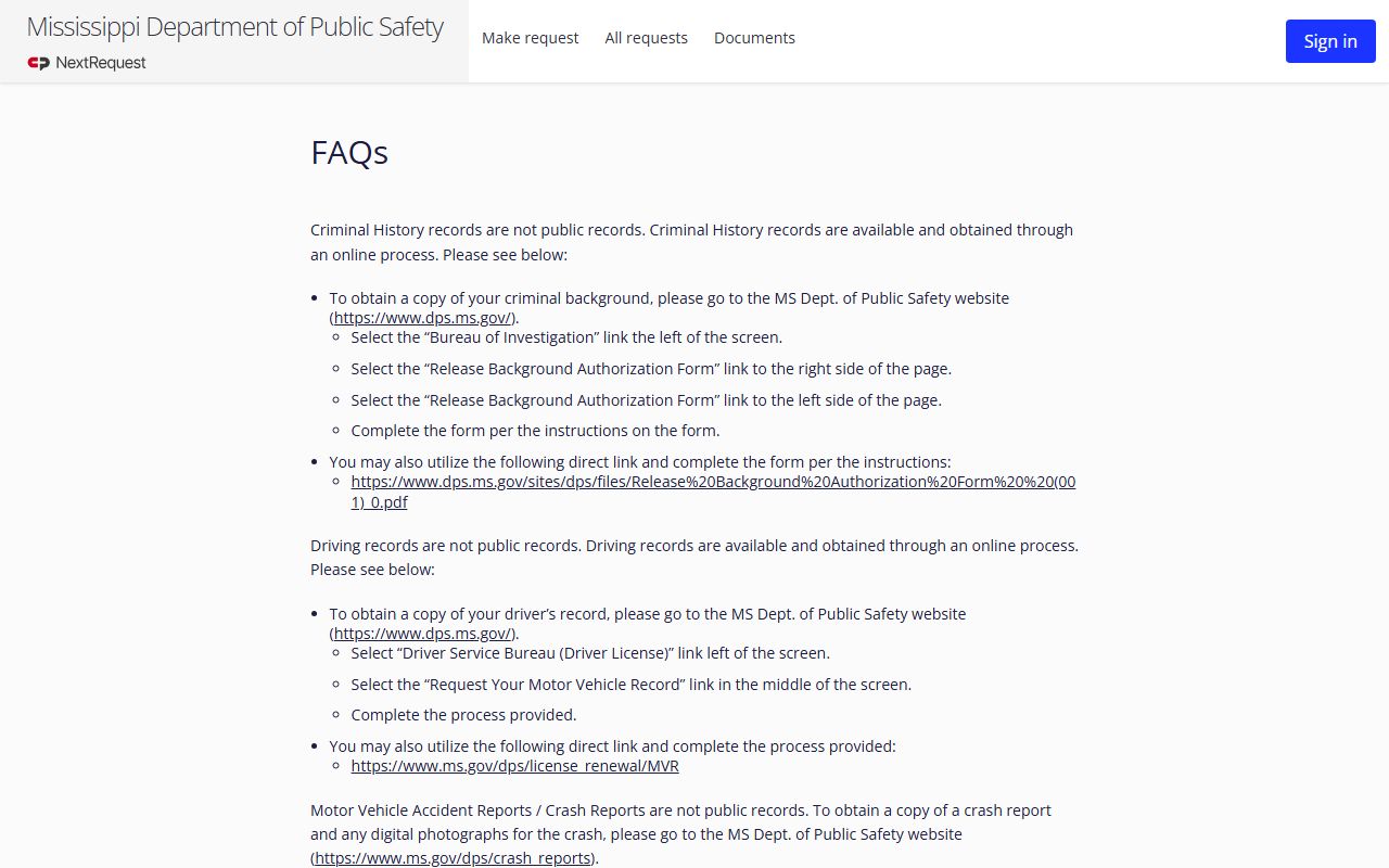 Mississippi DPS public-records FAQ page for Jasper County traffic and driver records
