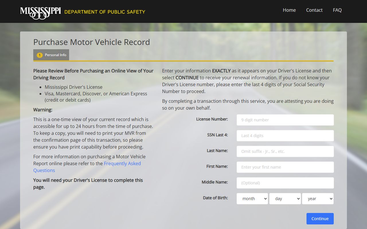 Mississippi motor vehicle record portal for Jasper County traffic and driver history
