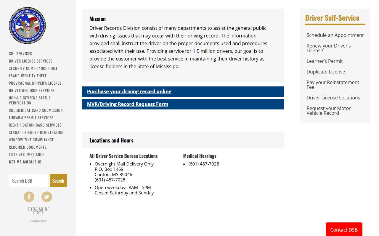 Mississippi DPS Driver Records portal for Jasper County traffic and driving history