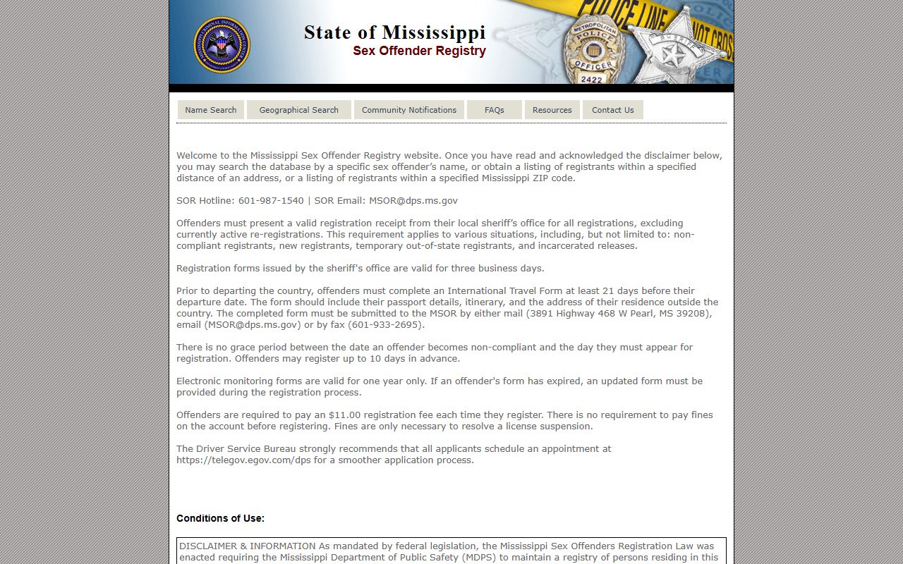 Mississippi DPS sex offender registry, not a Jasper County warrant search